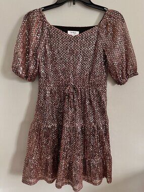 Speechless Girls Rose Gold Sequin Puff Sleeve Tiered Party Dress L